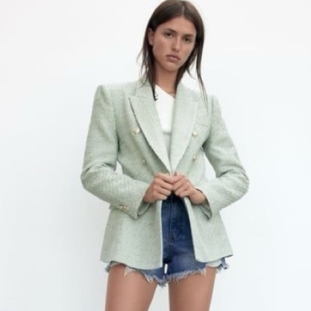 ZARA Textured Tweed Double-Breasted Blazer Jacket XS